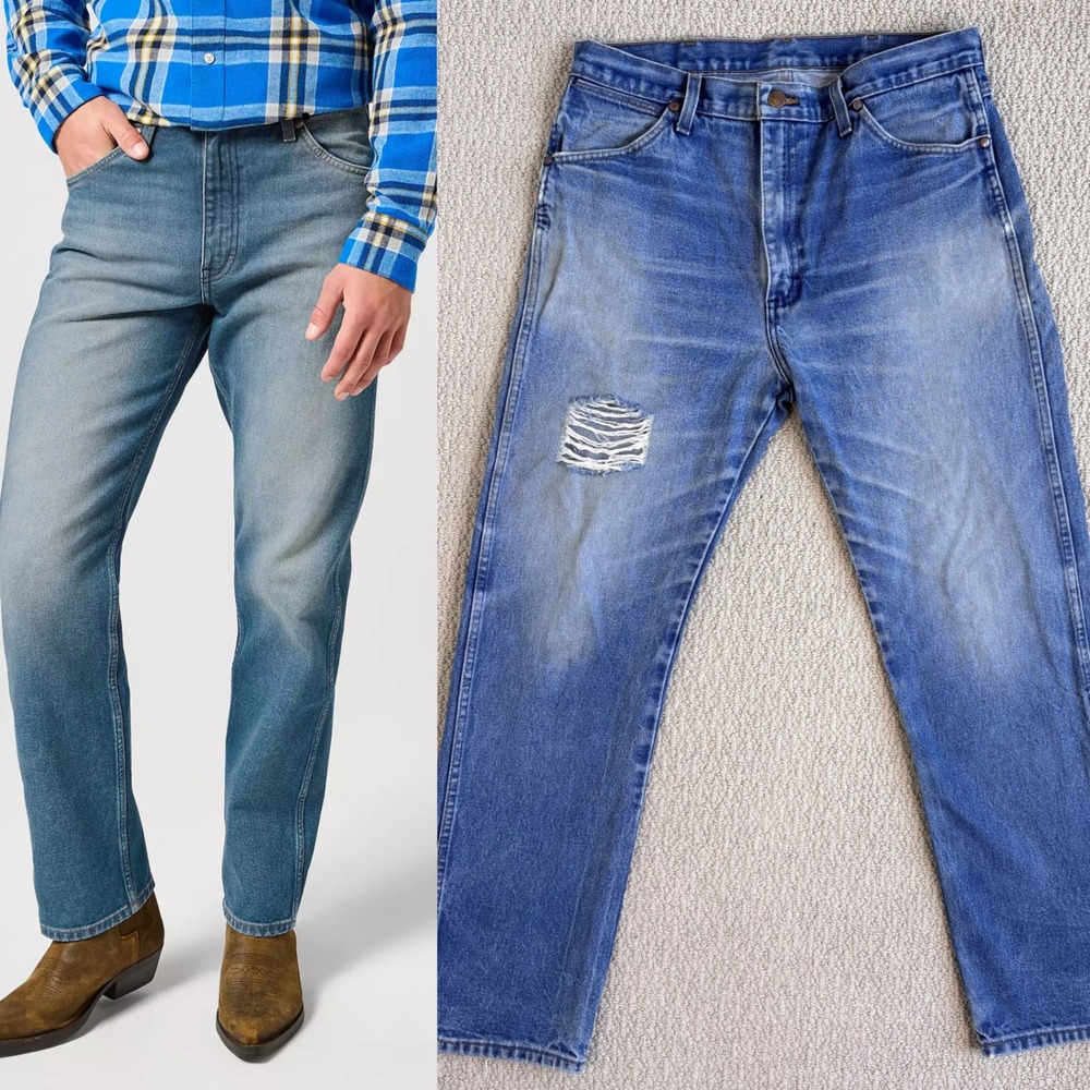 Wrangler Cowboy Cut Jeans Mens 35x32 Distressed Medium Wash Straight Leg Cowboy